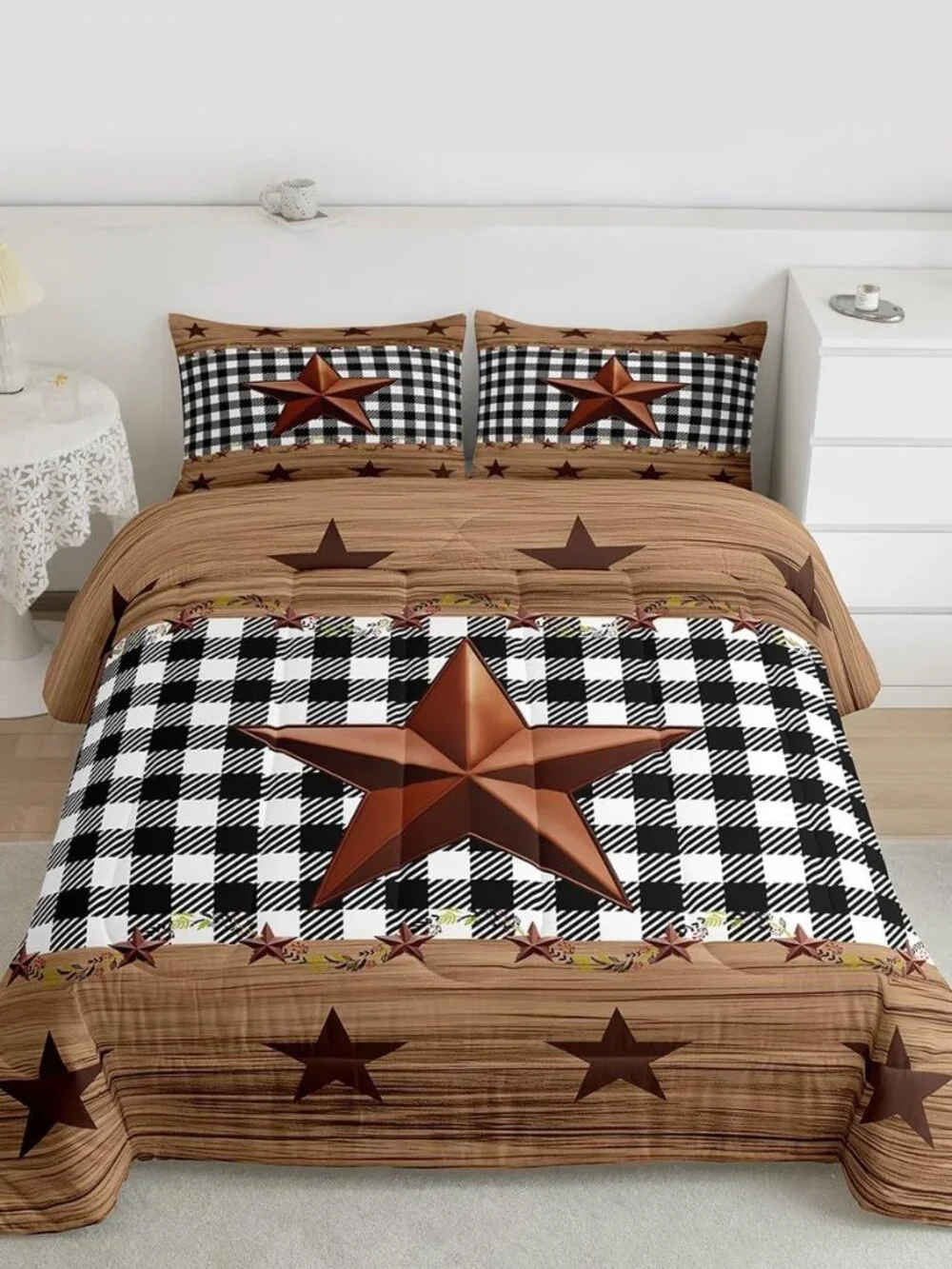 Western Texas Star Comforter Set Queen, Farmhouse Black Plaid Bedding, Brown Vin